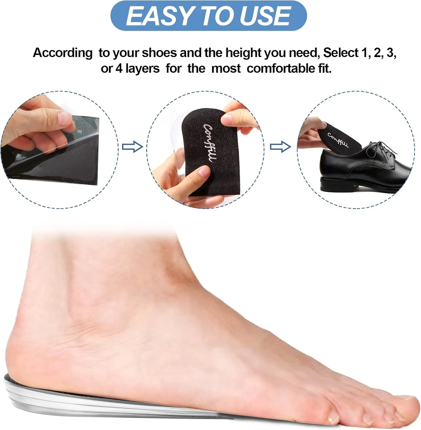 Adjustable Orthopedic Heel Lift Inserts - Gel Height Increase Insoles for Women Men, Leg Length Discrepancy, Pain, Spurs - 4-Layer Stackable Shoe Lifts for Shorter Leg, Uneven HIPS