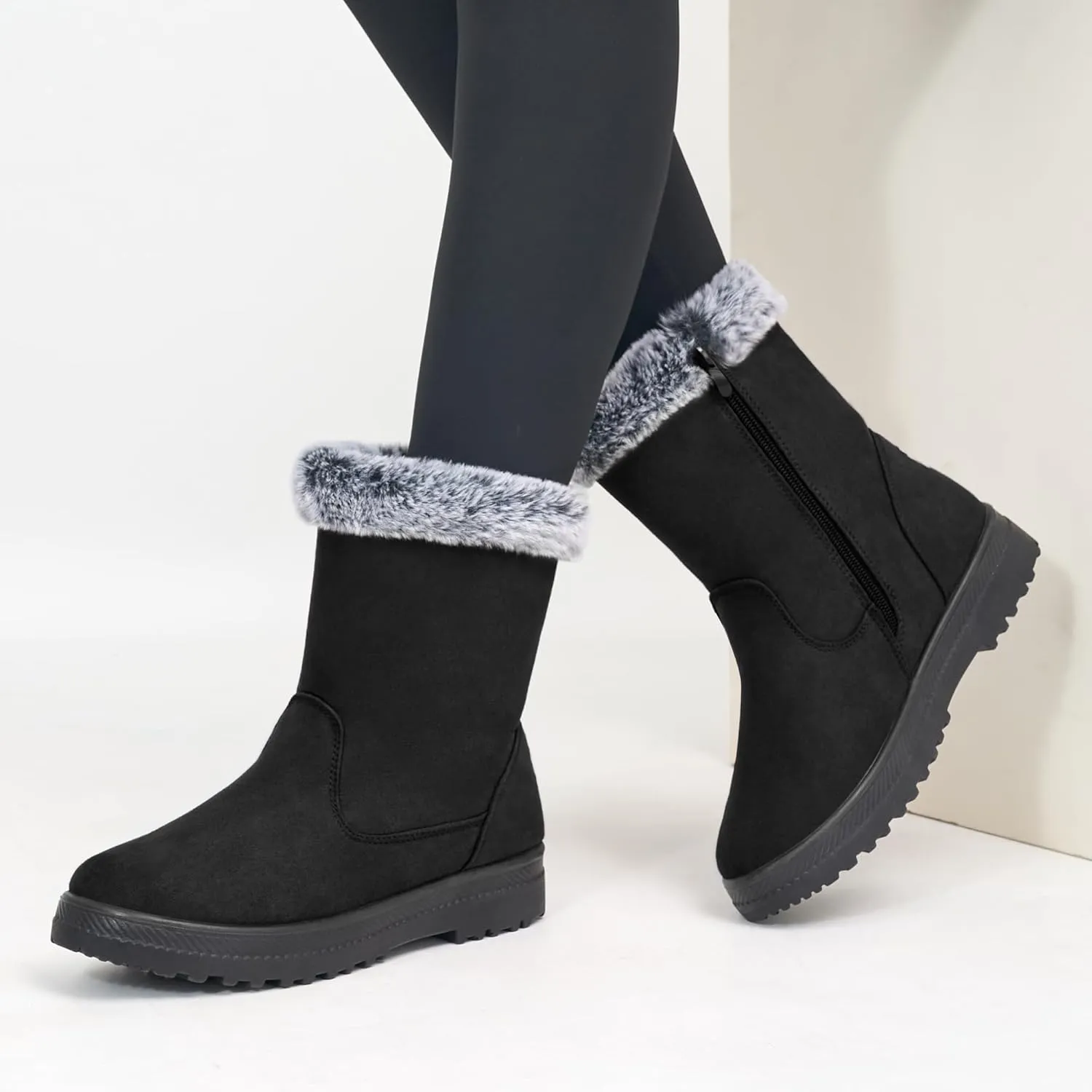 Aomigoct Warm Winter Boots for Women: Fur Lined Mid Calf Boots for Women Comfortale Zipper Womens Snow Boots Waterproof Walking Outdoor