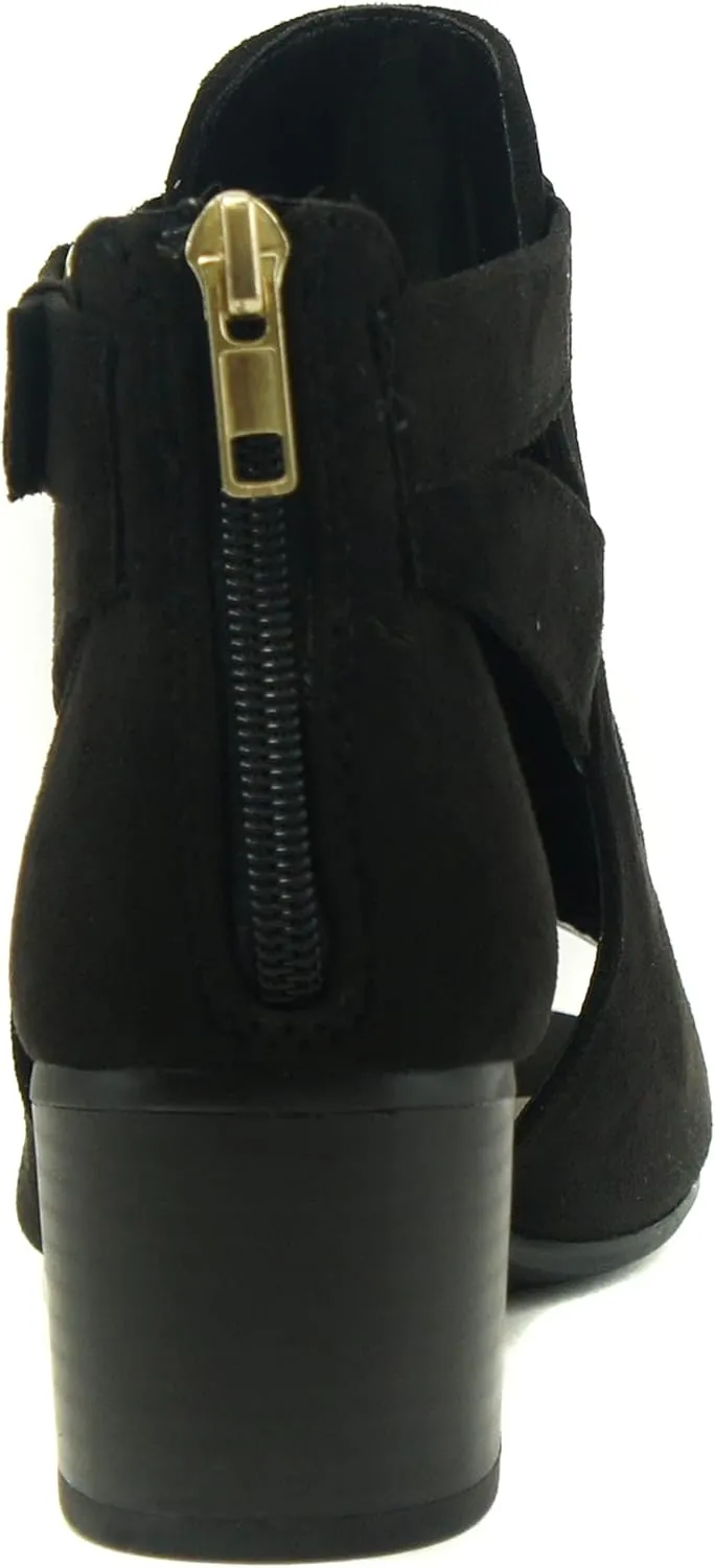 CITYCLASSIFIED Invest ~ Women's Cutout Side Strap Mid Black Chunky Heel Fashion Ankle Bootie