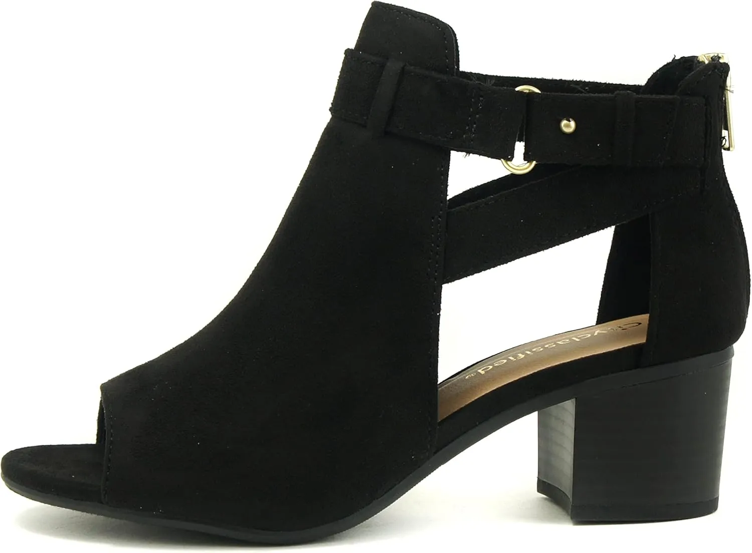 CITYCLASSIFIED Invest ~ Women's Cutout Side Strap Mid Black Chunky Heel Fashion Ankle Bootie