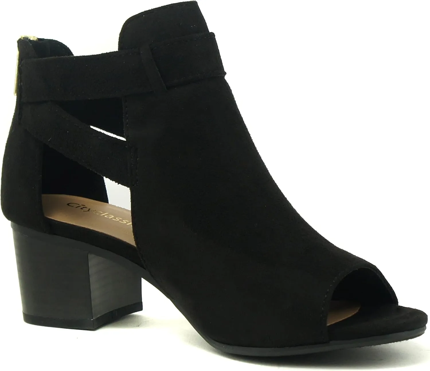 CITYCLASSIFIED Invest ~ Women's Cutout Side Strap Mid Black Chunky Heel Fashion Ankle Bootie