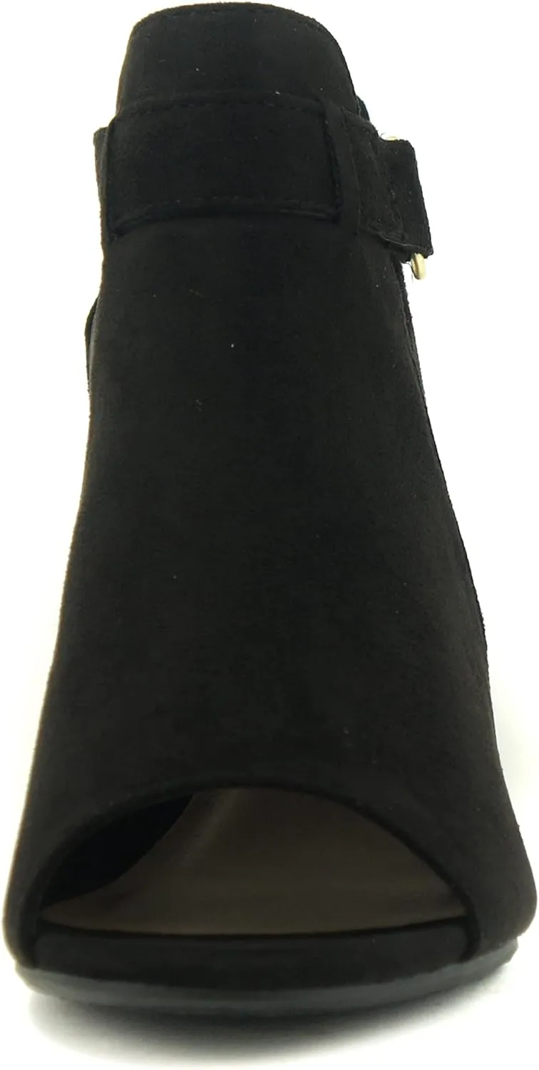 CITYCLASSIFIED Invest ~ Women's Cutout Side Strap Mid Black Chunky Heel Fashion Ankle Bootie