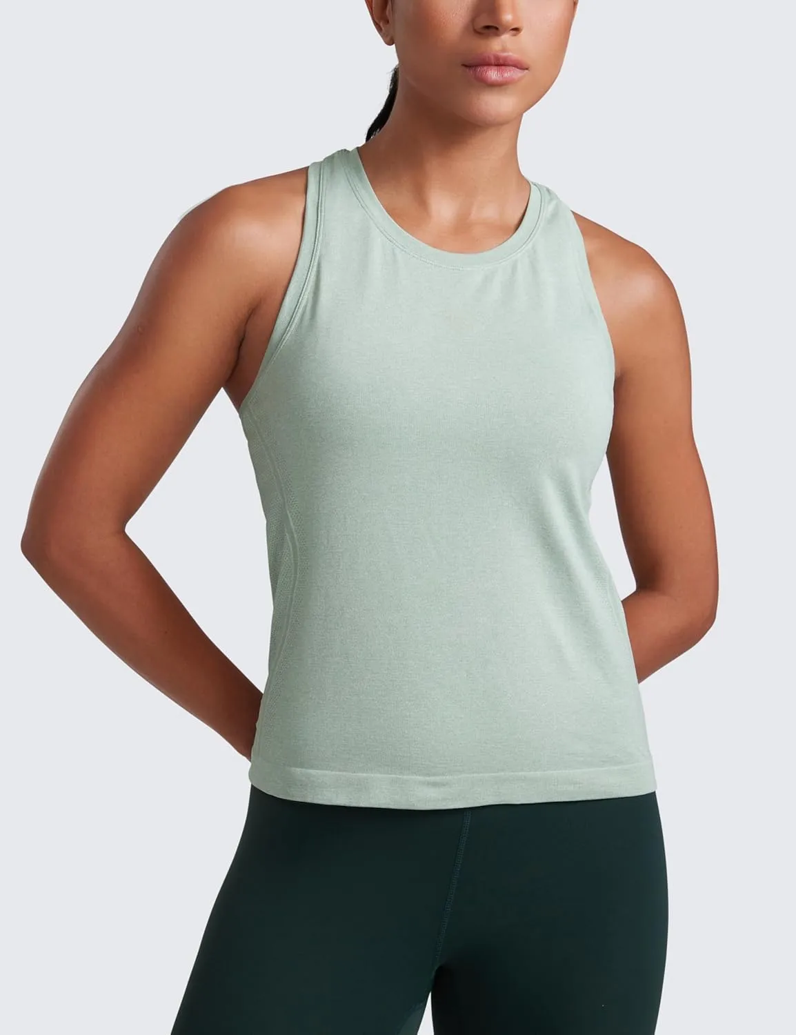 CRZ YOGA Seamless Womens Breathable Workout Tank Tops Racerback High Neck Sleeveless Running Athletic Shirts