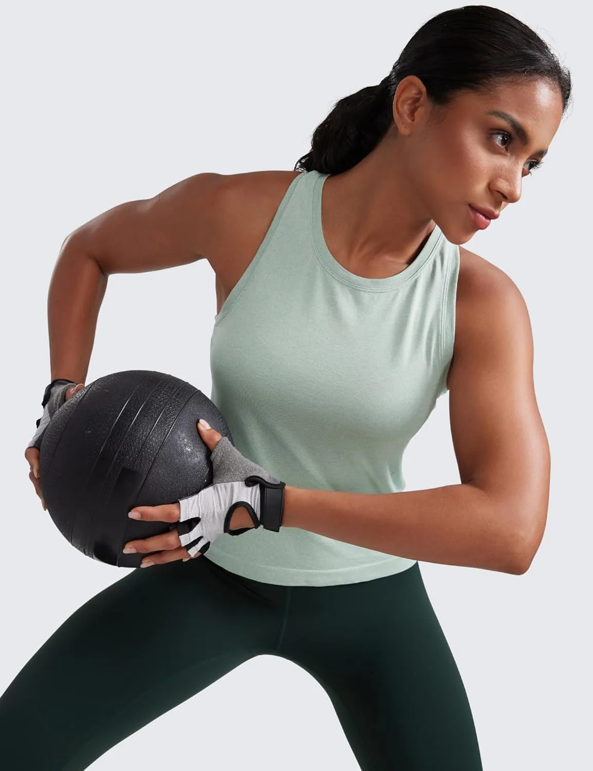 CRZ YOGA Seamless Womens Breathable Workout Tank Tops Racerback High Neck Sleeveless Running Athletic Shirts