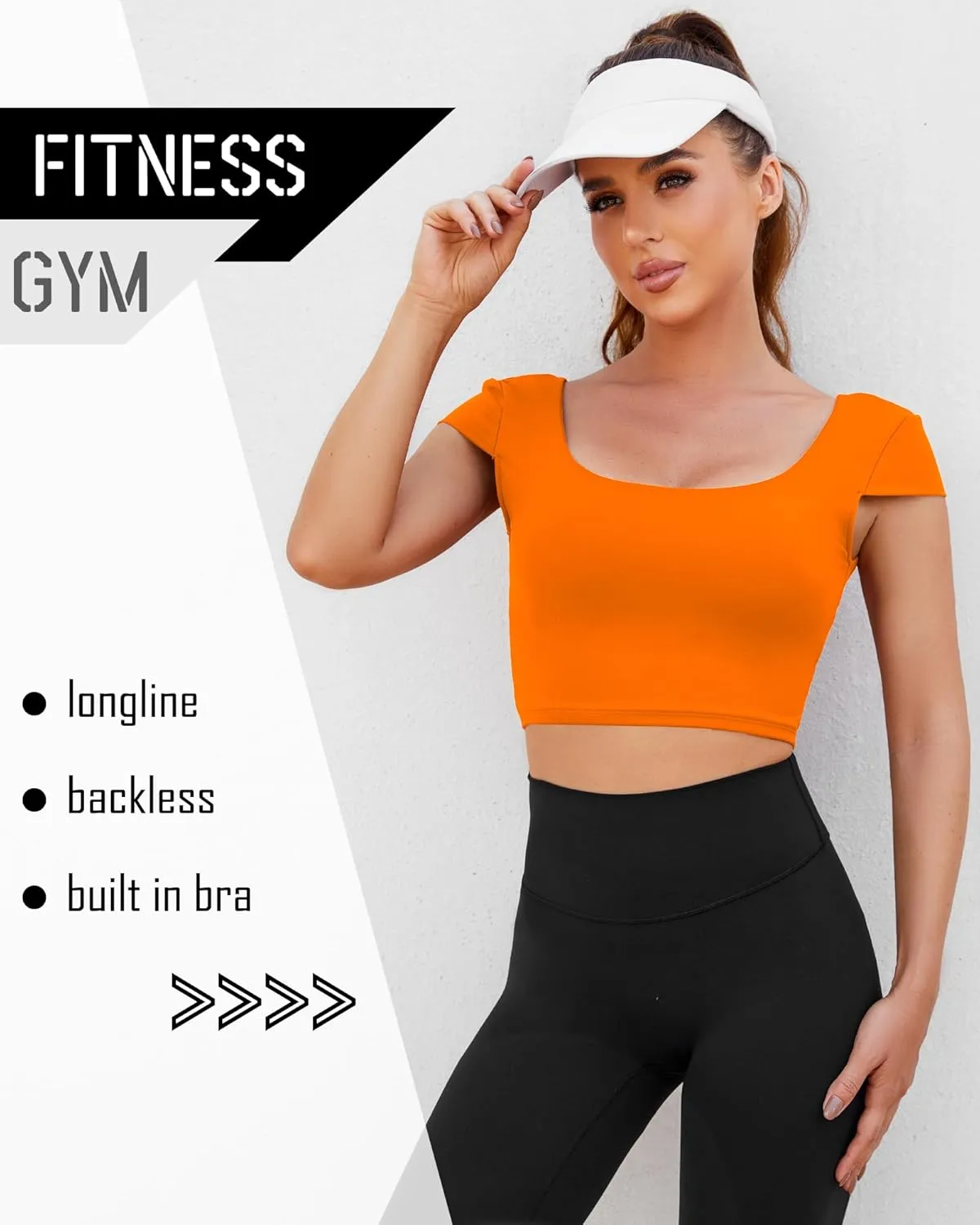 DaiLiWei Open Back Workout Tops for Women Short Sleeve Longline Sports Bras Support Crop Tank Yoga Shirts with Built in Bra