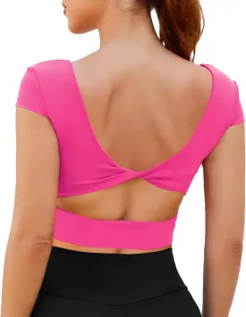 DaiLiWei Open Back Workout Tops for Women Short Sleeve Longline Sports Bras Support Crop Tank Yoga Shirts with Built in Bra