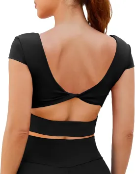 DaiLiWei Open Back Workout Tops for Women Short Sleeve Longline Sports Bras Support Crop Tank Yoga Shirts with Built in Bra