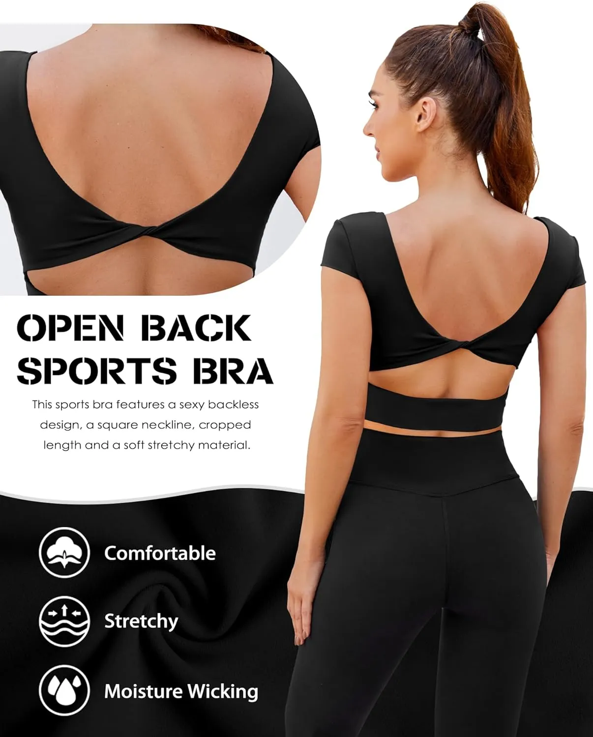 DaiLiWei Open Back Workout Tops for Women Short Sleeve Longline Sports Bras Support Crop Tank Yoga Shirts with Built in Bra