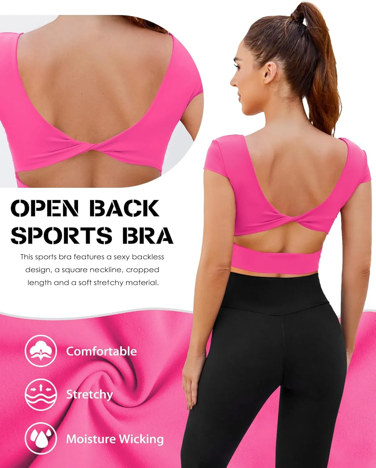 DaiLiWei Open Back Workout Tops for Women Short Sleeve Longline Sports Bras Support Crop Tank Yoga Shirts with Built in Bra
