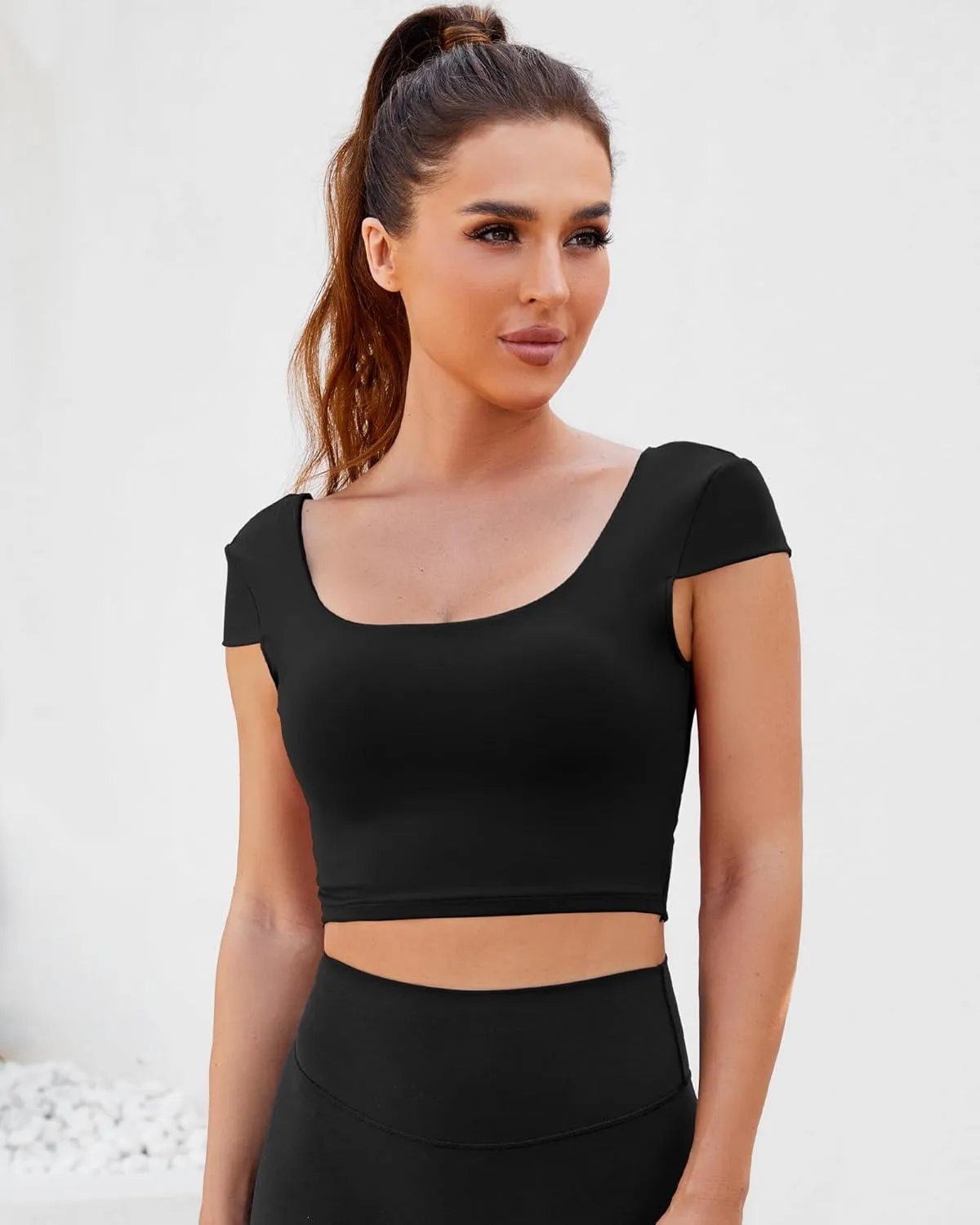 DaiLiWei Open Back Workout Tops for Women Short Sleeve Longline Sports Bras Support Crop Tank Yoga Shirts with Built in Bra