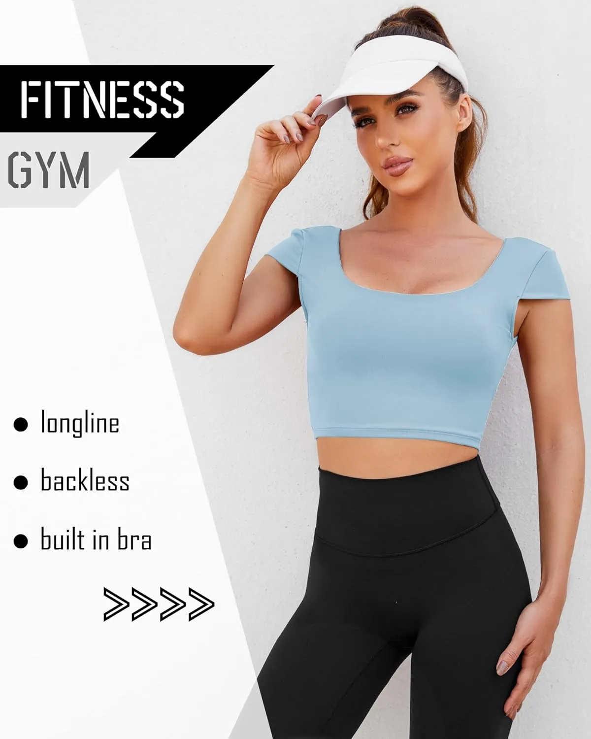 DaiLiWei Open Back Workout Tops for Women Short Sleeve Longline Sports Bras Support Crop Tank Yoga Shirts with Built in Bra