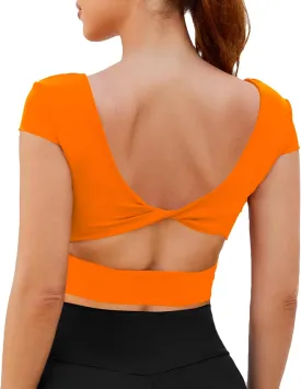 DaiLiWei Open Back Workout Tops for Women Short Sleeve Longline Sports Bras Support Crop Tank Yoga Shirts with Built in Bra