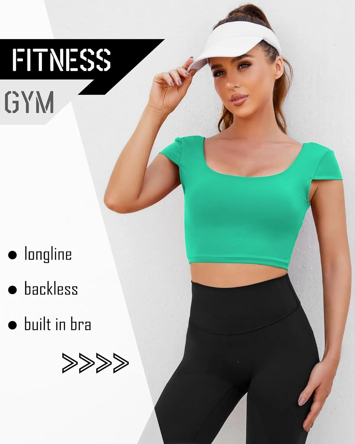 DaiLiWei Open Back Workout Tops for Women Short Sleeve Longline Sports Bras Support Crop Tank Yoga Shirts with Built in Bra