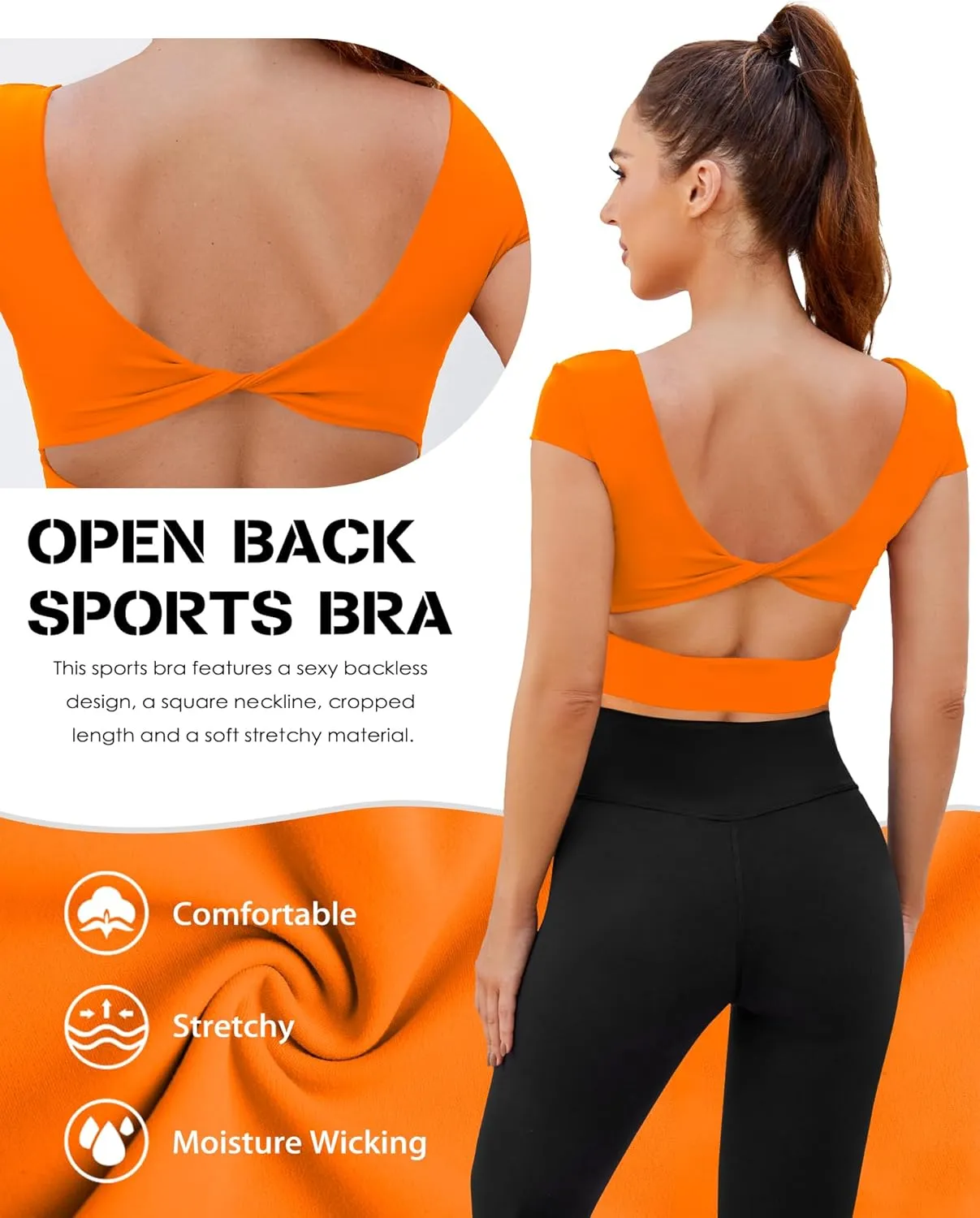 DaiLiWei Open Back Workout Tops for Women Short Sleeve Longline Sports Bras Support Crop Tank Yoga Shirts with Built in Bra