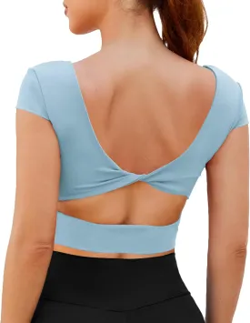 DaiLiWei Open Back Workout Tops for Women Short Sleeve Longline Sports Bras Support Crop Tank Yoga Shirts with Built in Bra