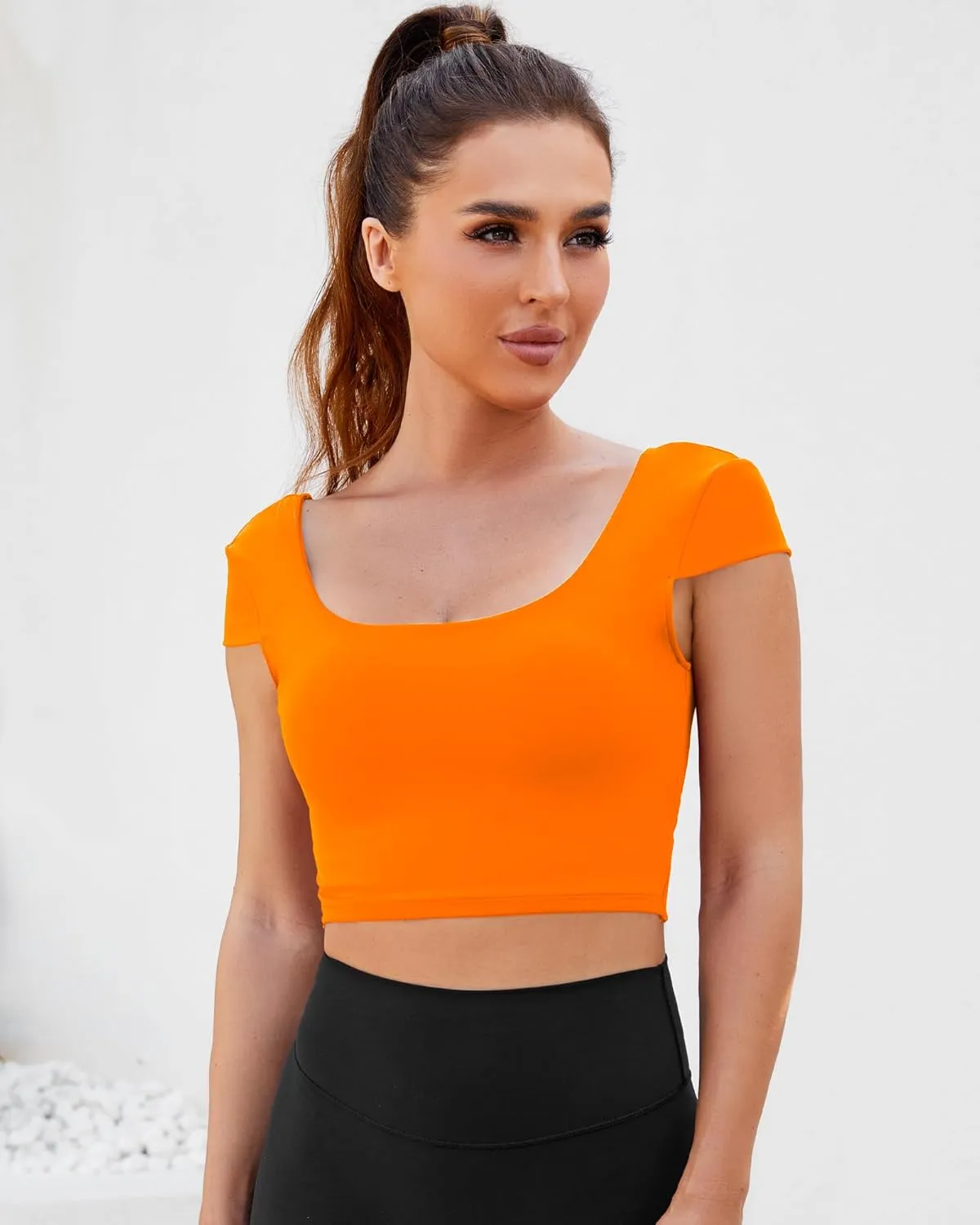 DaiLiWei Open Back Workout Tops for Women Short Sleeve Longline Sports Bras Support Crop Tank Yoga Shirts with Built in Bra