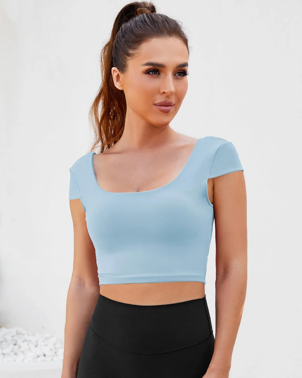 DaiLiWei Open Back Workout Tops for Women Short Sleeve Longline Sports Bras Support Crop Tank Yoga Shirts with Built in Bra