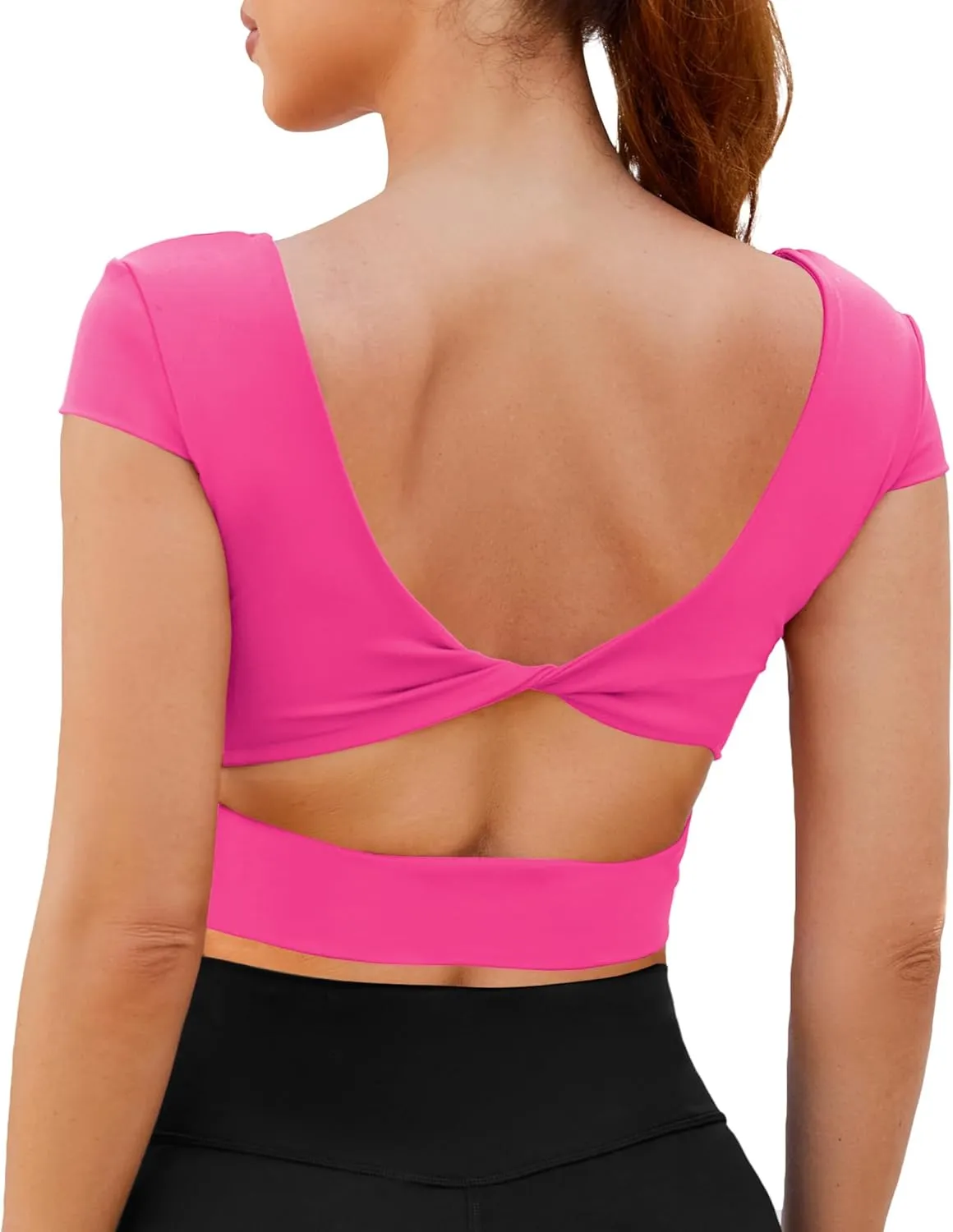 DaiLiWei Open Back Workout Tops for Women Short Sleeve Longline Sports Bras Support Crop Tank Yoga Shirts with Built in Bra