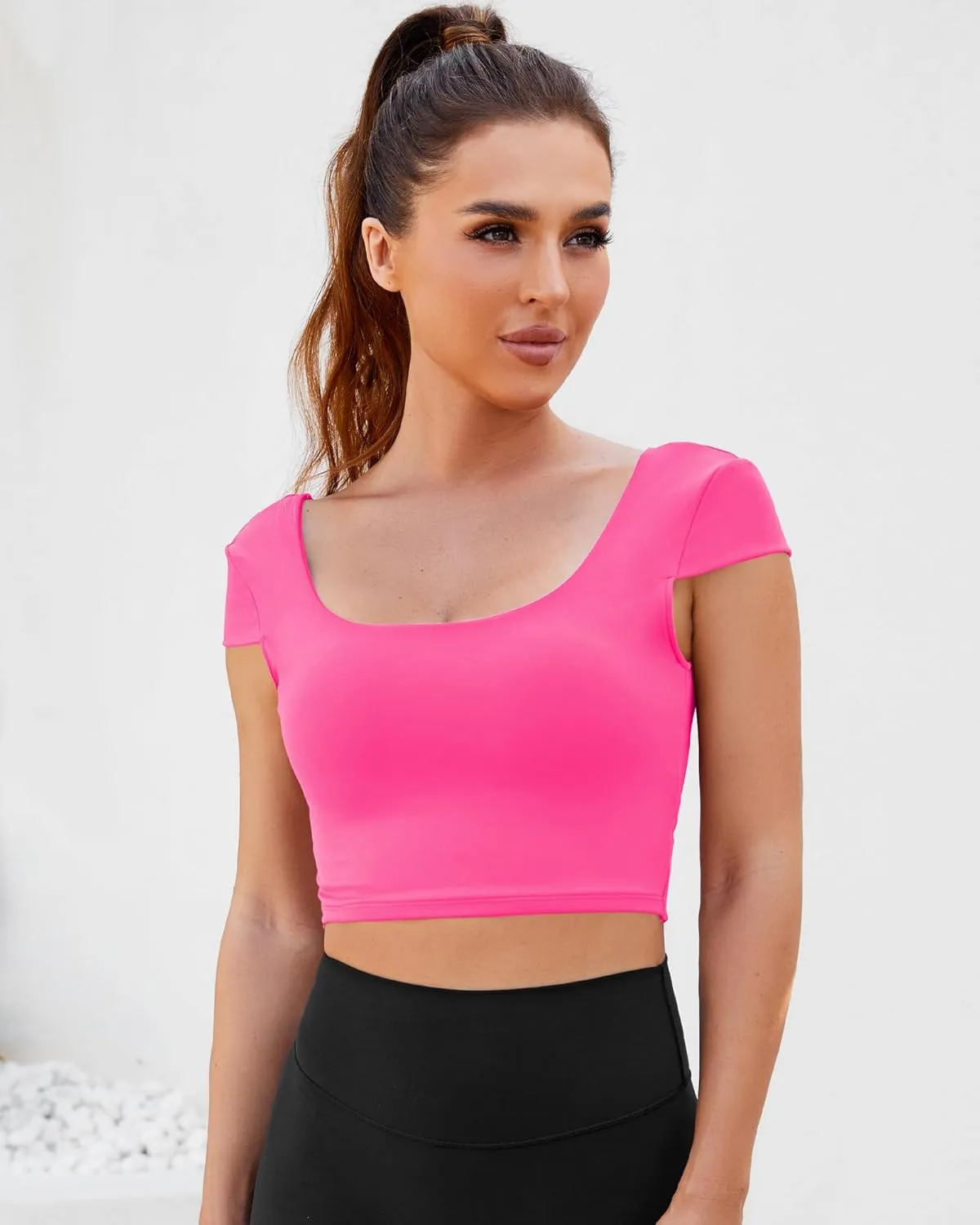 DaiLiWei Open Back Workout Tops for Women Short Sleeve Longline Sports Bras Support Crop Tank Yoga Shirts with Built in Bra