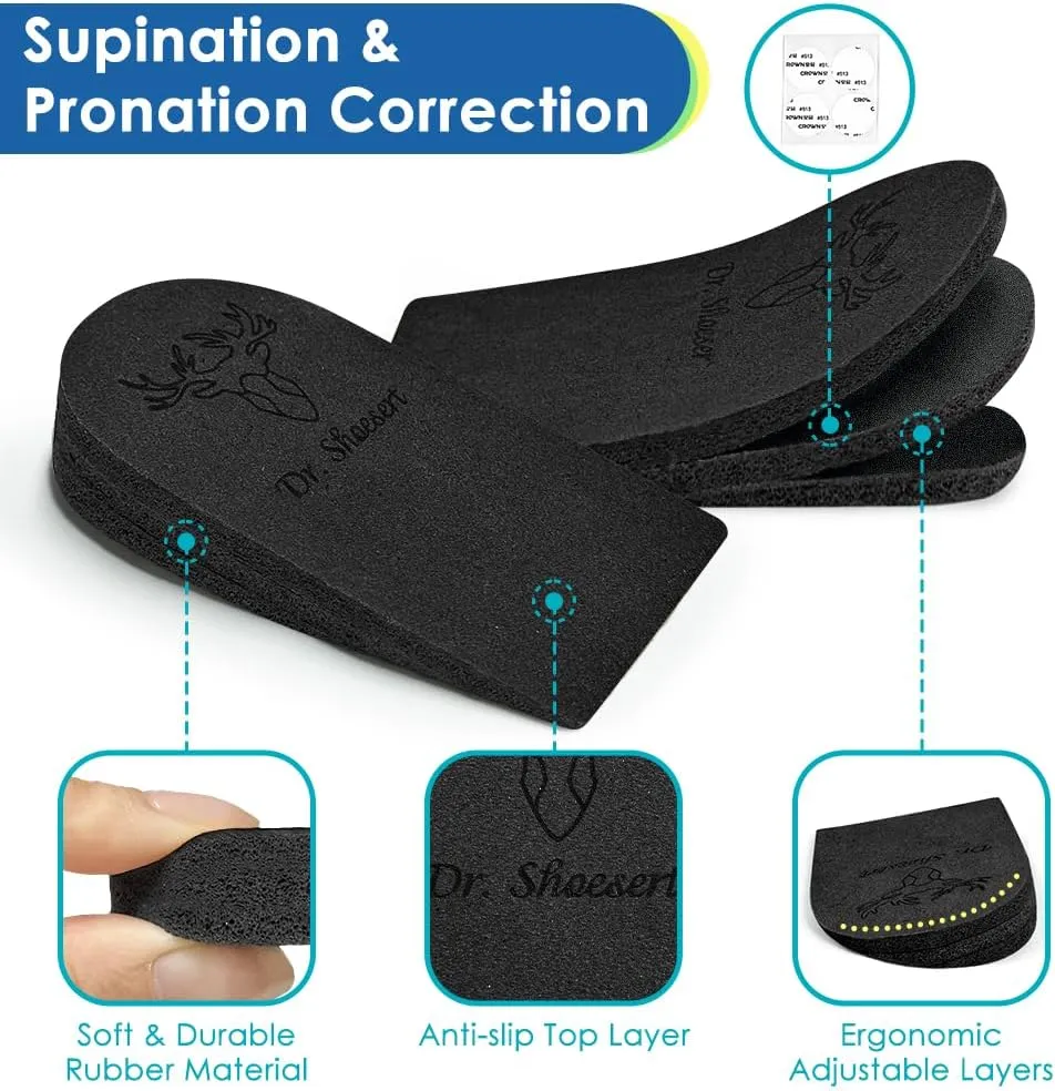 Dr. Shoesert 3 Layers Adjustable Orthopedic Heel Wedge Inserts, Supination & Pronation Correction Insoles for Bow Legs, Knee Pain, Foot Alignment (Black, Small - Women's 4.5-8|Men's 6-8.5)