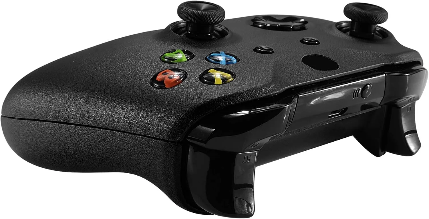 eXtremeRate Black Luxury PU Leather Top Shell Front Housing Faceplate Replacement Parts with Side Rails Panel for Xbox One X & One S Controller (Model 1708)