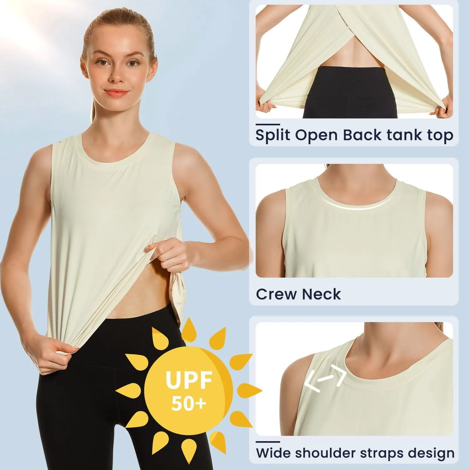 HODOSPORTS Workout Tops for Women UPF 50  Open Back Sleeveless Tank Tops Quick Dry Athletic Gym Yoga Shirts Loose Fit