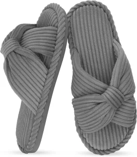 IPSAE Summer House Slippers for Woman Memory Foam Open Toe Slippers Corduroy Cross Bow Womens Slipper Slides Comfy Indoor Bedroom Slip On Shoes