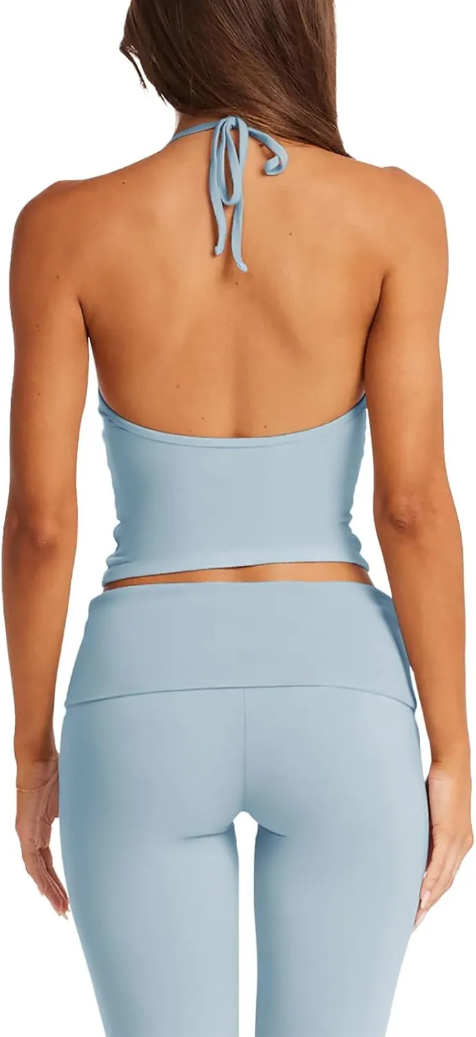 LASLULU Womens Sleeveless Halter Neck Workout Tops Adjustable Tie Camisole Backless Casual Basic Cami Gym Yoga Tank Tops