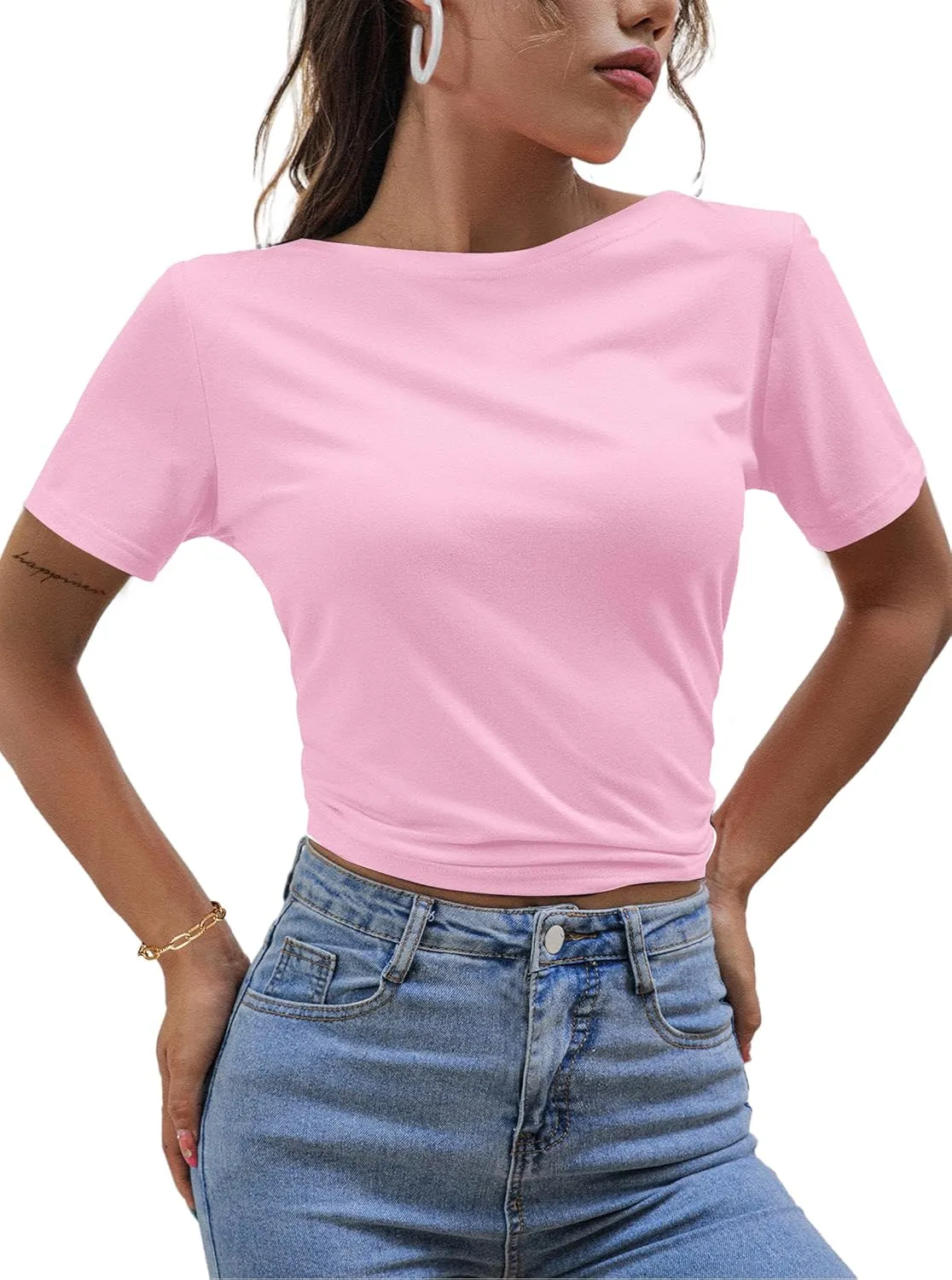 LilyCoco Backless Tops for Women Short Sleeve Sexy Crew Neck Tie Back Plain Shirt