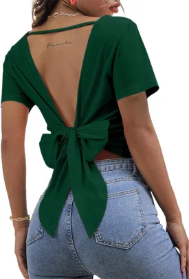 LilyCoco Backless Tops for Women Short Sleeve Sexy Crew Neck Tie Back Plain Shirt