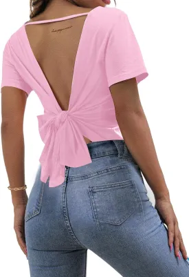 LilyCoco Backless Tops for Women Short Sleeve Sexy Crew Neck Tie Back Plain Shirt