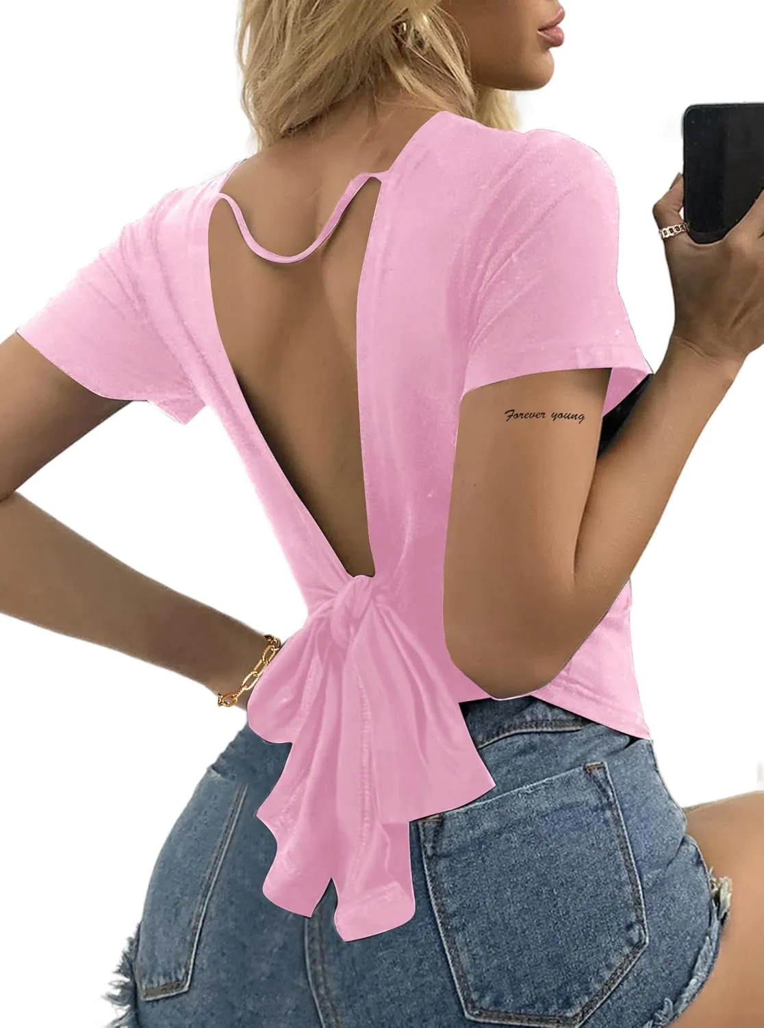 LilyCoco Backless Tops for Women Short Sleeve Sexy Crew Neck Tie Back Plain Shirt