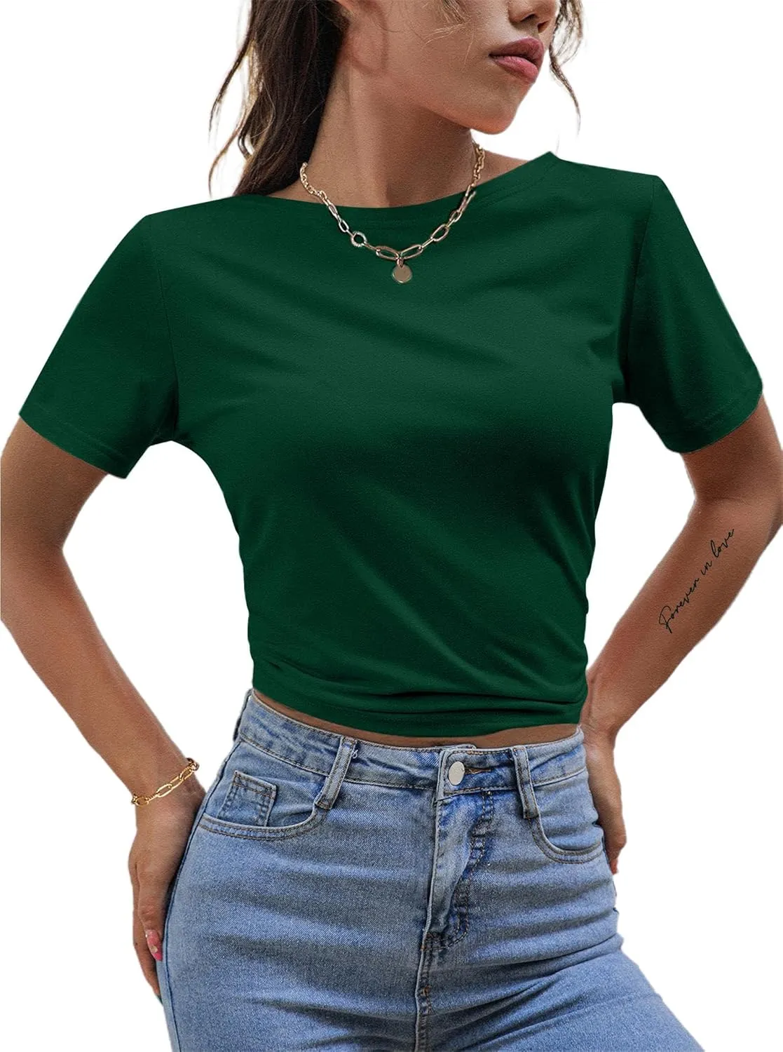 LilyCoco Backless Tops for Women Short Sleeve Sexy Crew Neck Tie Back Plain Shirt