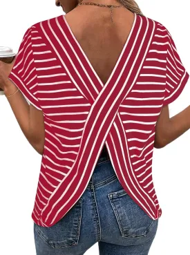 LilyCoco Womens Striped Open Back Tops Criss Cross Back Batwing Sleeve T Shirt