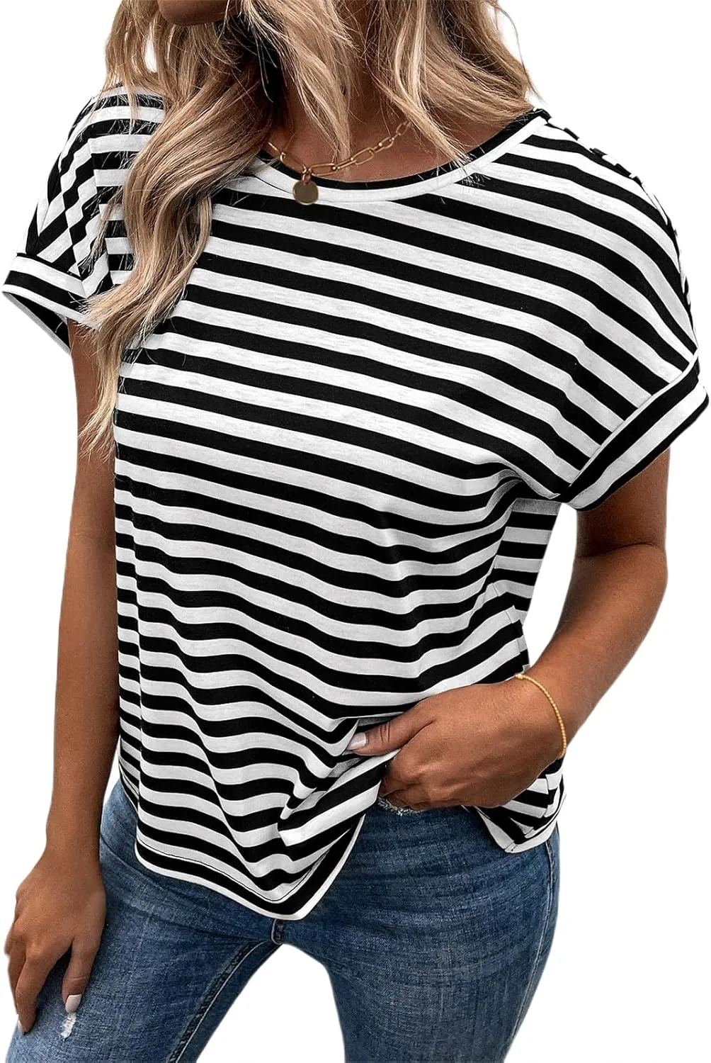 LilyCoco Womens Striped Open Back Tops Criss Cross Back Batwing Sleeve T Shirt