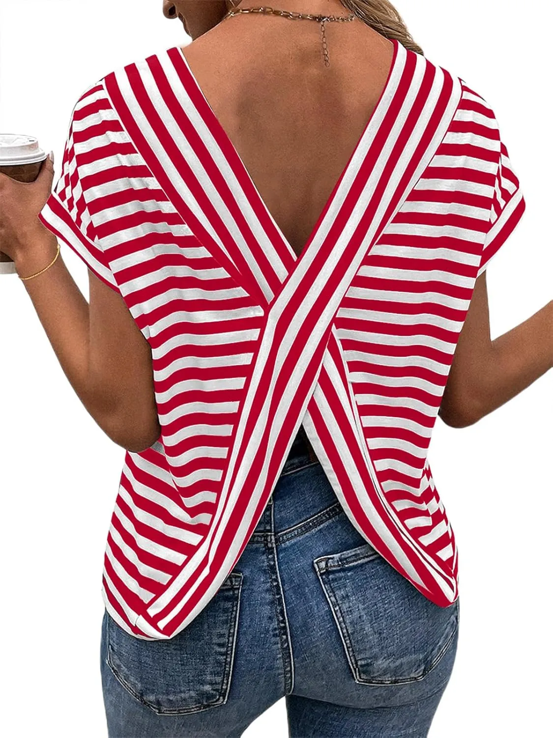 LilyCoco Womens Striped Open Back Tops Criss Cross Back Batwing Sleeve T Shirt