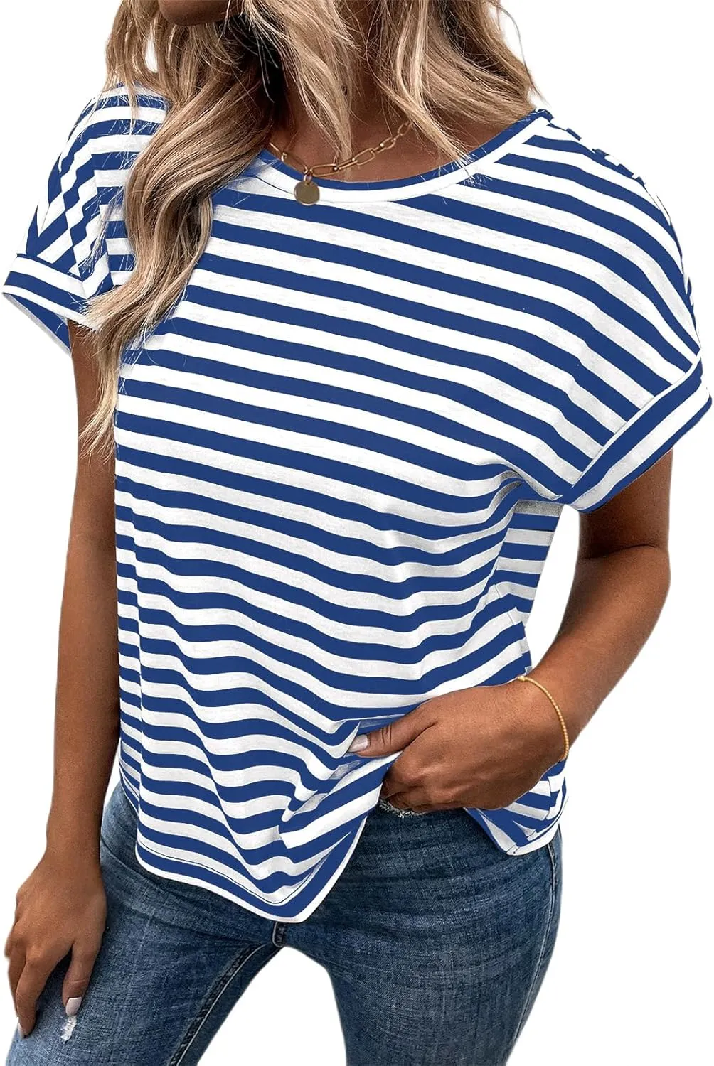 LilyCoco Womens Striped Open Back Tops Criss Cross Back Batwing Sleeve T Shirt
