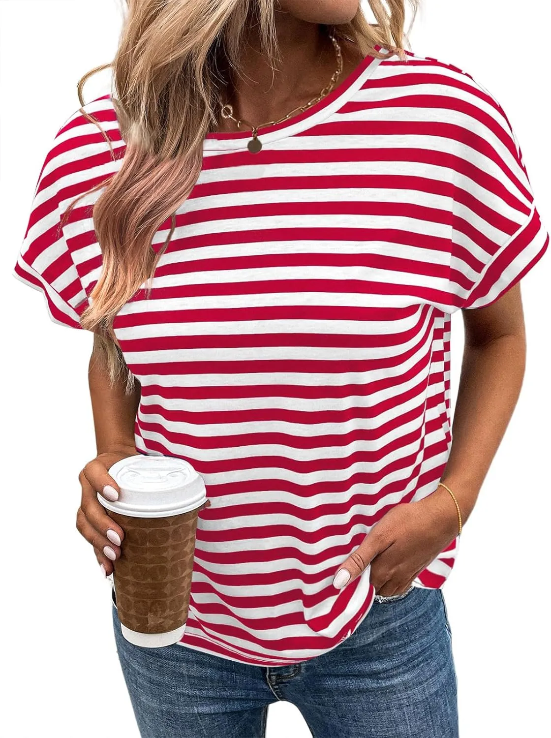 LilyCoco Womens Striped Open Back Tops Criss Cross Back Batwing Sleeve T Shirt