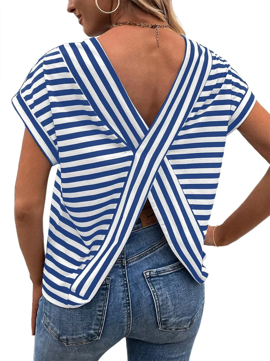 LilyCoco Womens Striped Open Back Tops Criss Cross Back Batwing Sleeve T Shirt