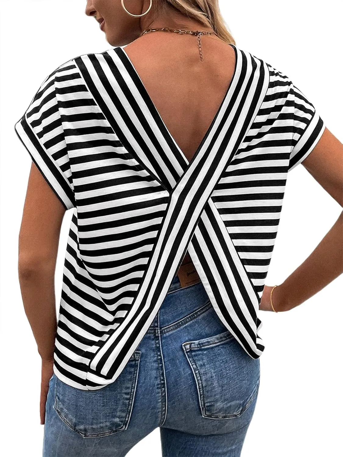 LilyCoco Womens Striped Open Back Tops Criss Cross Back Batwing Sleeve T Shirt