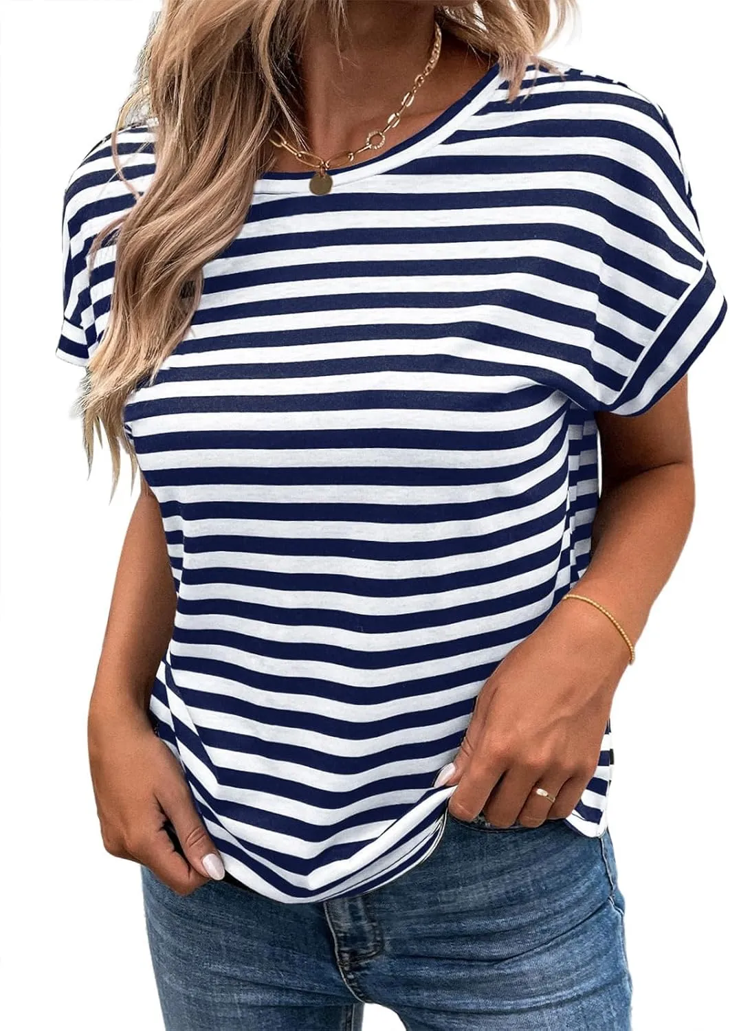 LilyCoco Womens Striped Open Back Tops Criss Cross Back Batwing Sleeve T Shirt