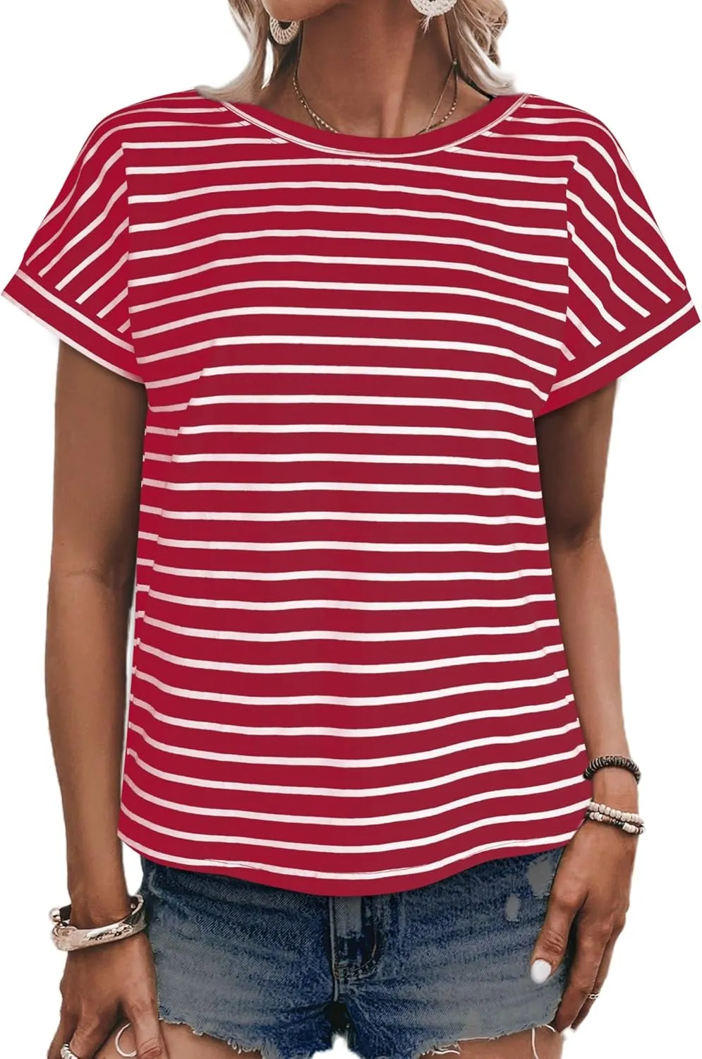 LilyCoco Womens Striped Open Back Tops Criss Cross Back Batwing Sleeve T Shirt