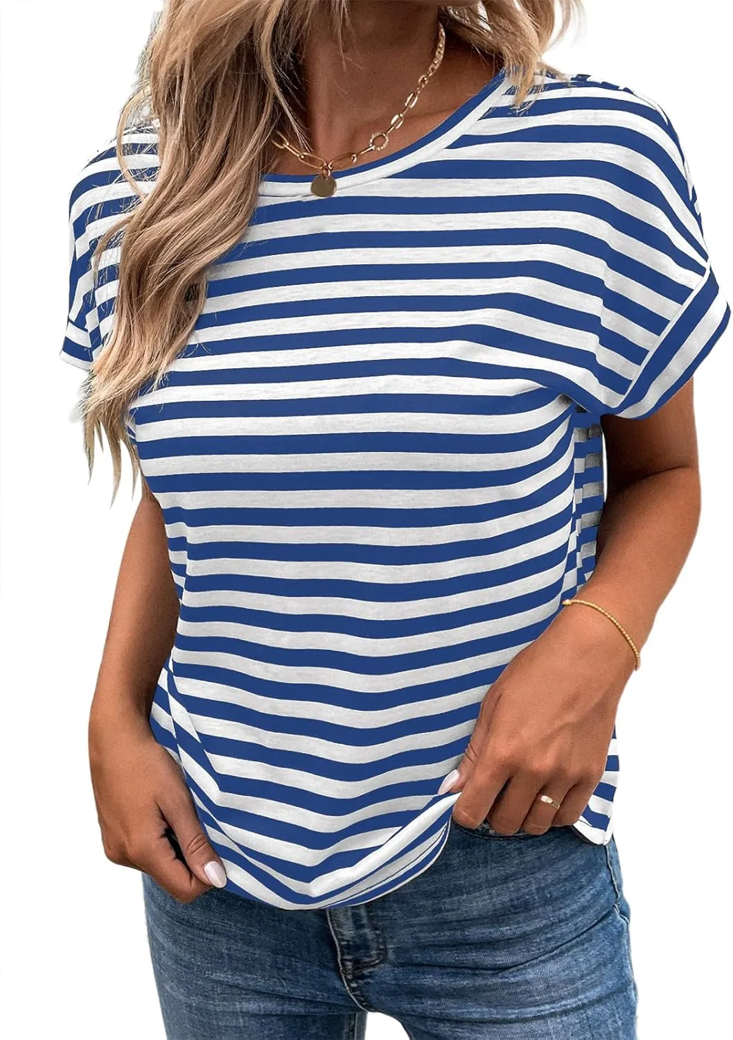 LilyCoco Womens Striped Open Back Tops Criss Cross Back Batwing Sleeve T Shirt
