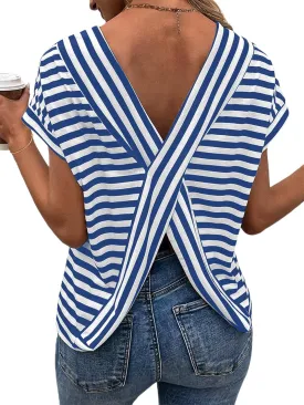 LilyCoco Womens Striped Open Back Tops Criss Cross Back Batwing Sleeve T Shirt