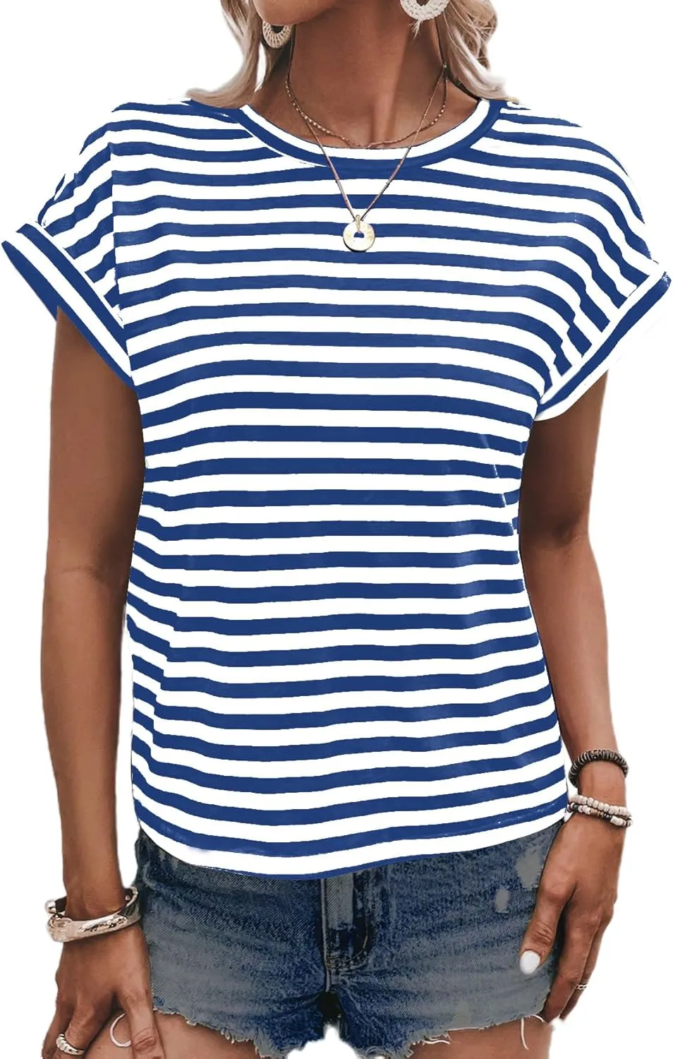 LilyCoco Womens Striped Open Back Tops Criss Cross Back Batwing Sleeve T Shirt