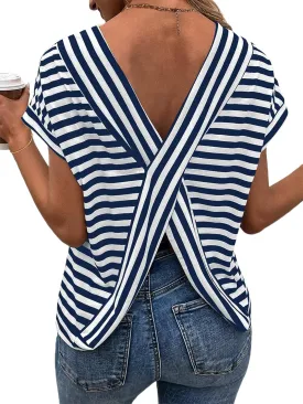 LilyCoco Womens Striped Open Back Tops Criss Cross Back Batwing Sleeve T Shirt