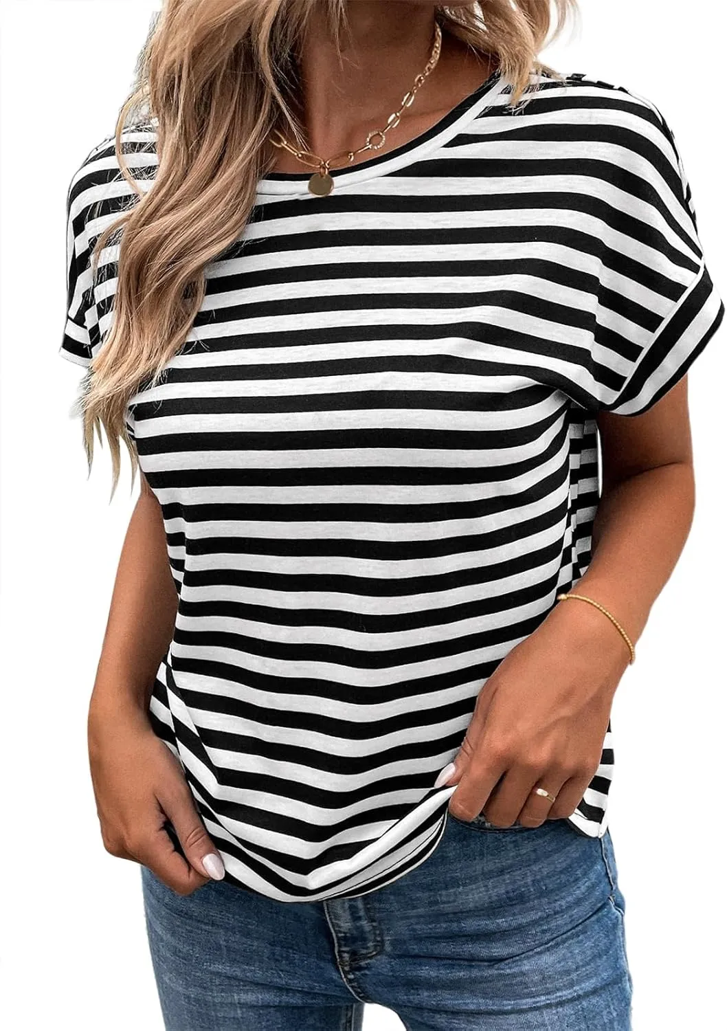 LilyCoco Womens Striped Open Back Tops Criss Cross Back Batwing Sleeve T Shirt