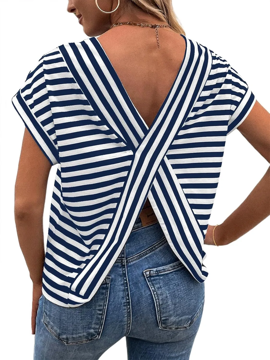 LilyCoco Womens Striped Open Back Tops Criss Cross Back Batwing Sleeve T Shirt