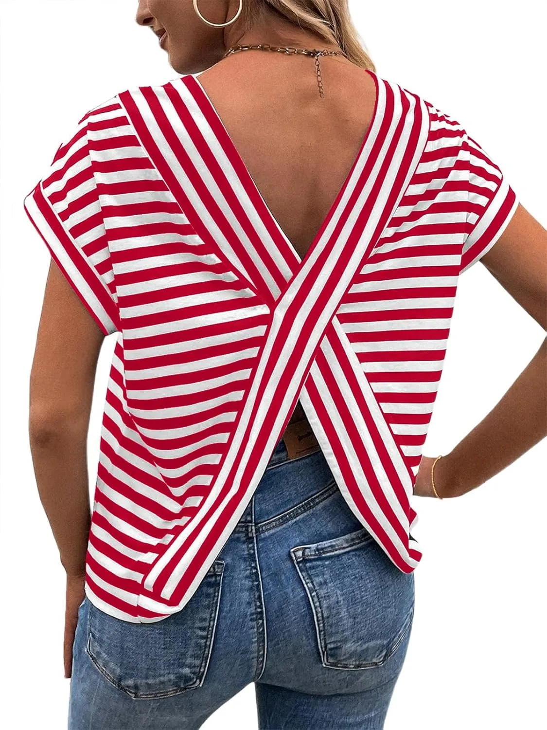 LilyCoco Womens Striped Open Back Tops Criss Cross Back Batwing Sleeve T Shirt