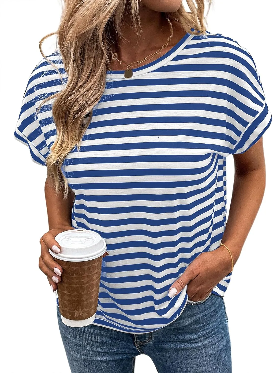 LilyCoco Womens Striped Open Back Tops Criss Cross Back Batwing Sleeve T Shirt